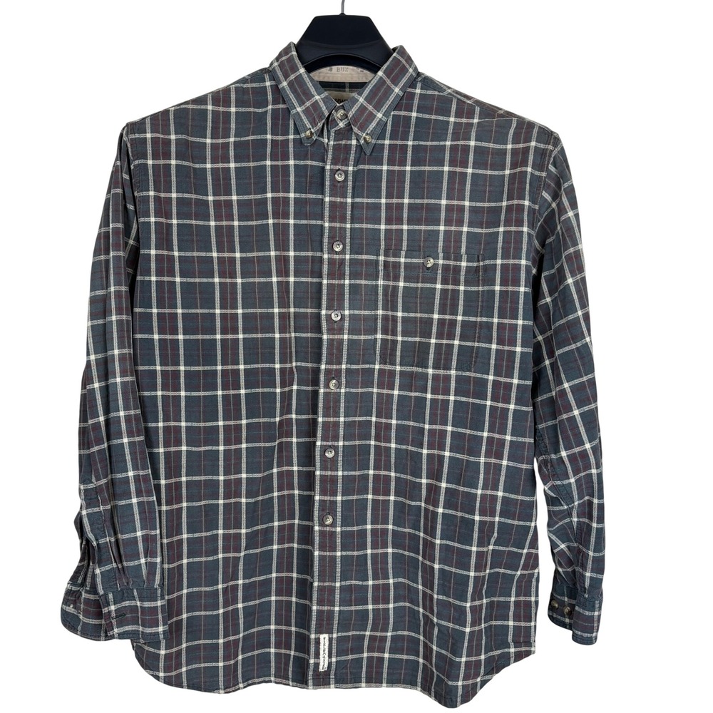 Fieldmaster Sears Vintage Large Plaid Button Down Shirt Blue Burgundy Long Sleev